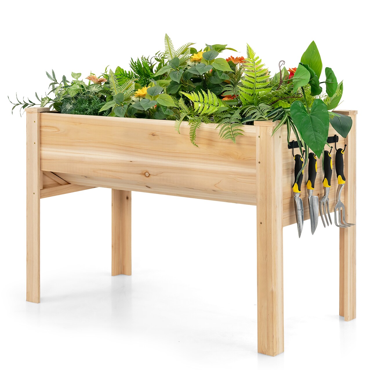 Costway 48'' Wood Raised Garden Bed w/Tool Hook Elevated Planter Stand w/Funnel Design